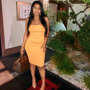 Sexy elegant Orange ruched cami midi bodycon dress